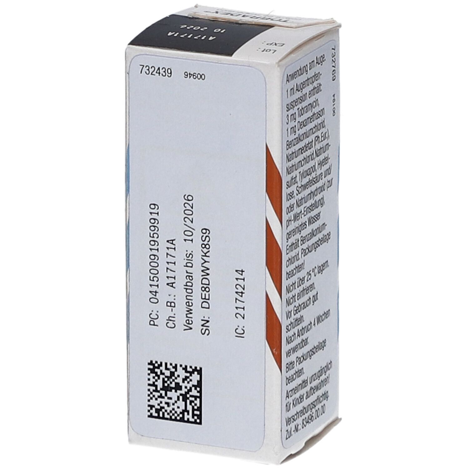Oberseite der Tobradex-Verpackung. Enthält Chargennummer, Verfallsdatum und andere relevante Informationen.
