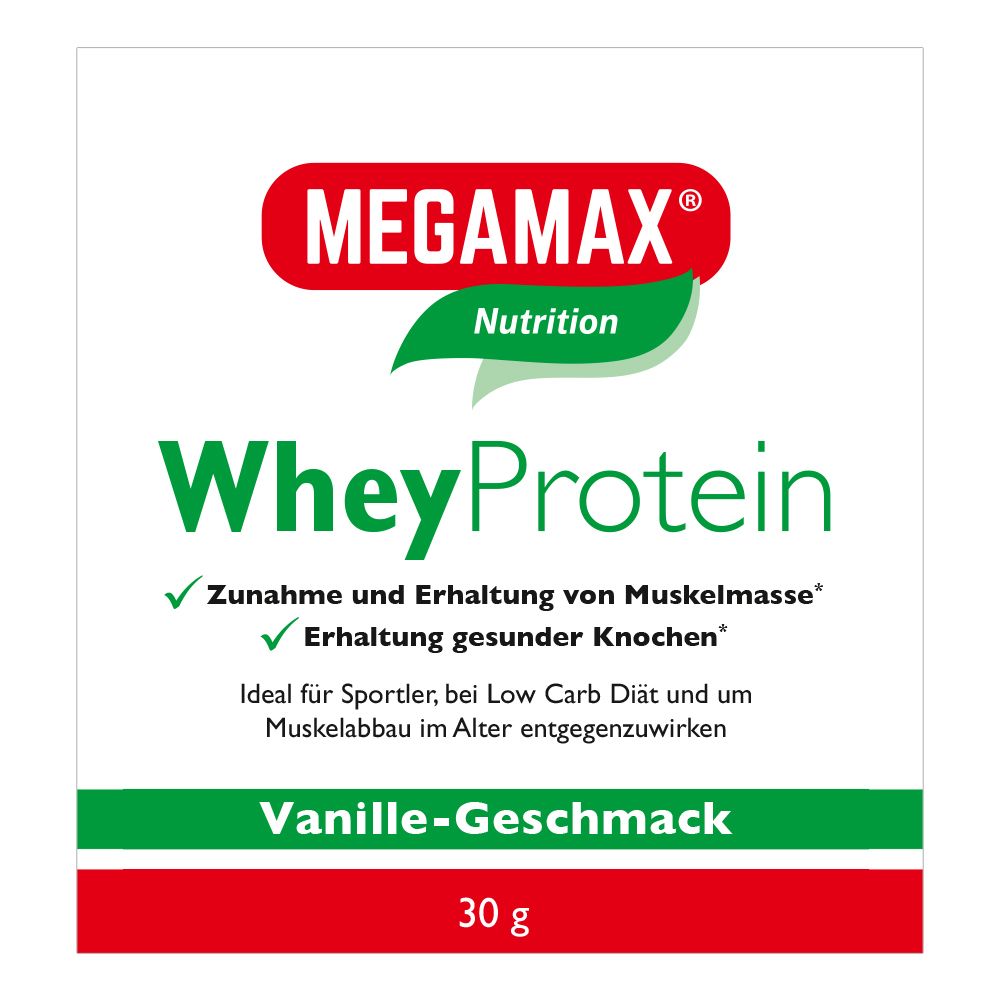 Verpackung mit MEGAMAX Whey Protein, Vanille-Geschmack. Rotes Logo, grüne Schrift. Text: Zunahme Muskelmasse, Erhaltung gesunder Knochen.