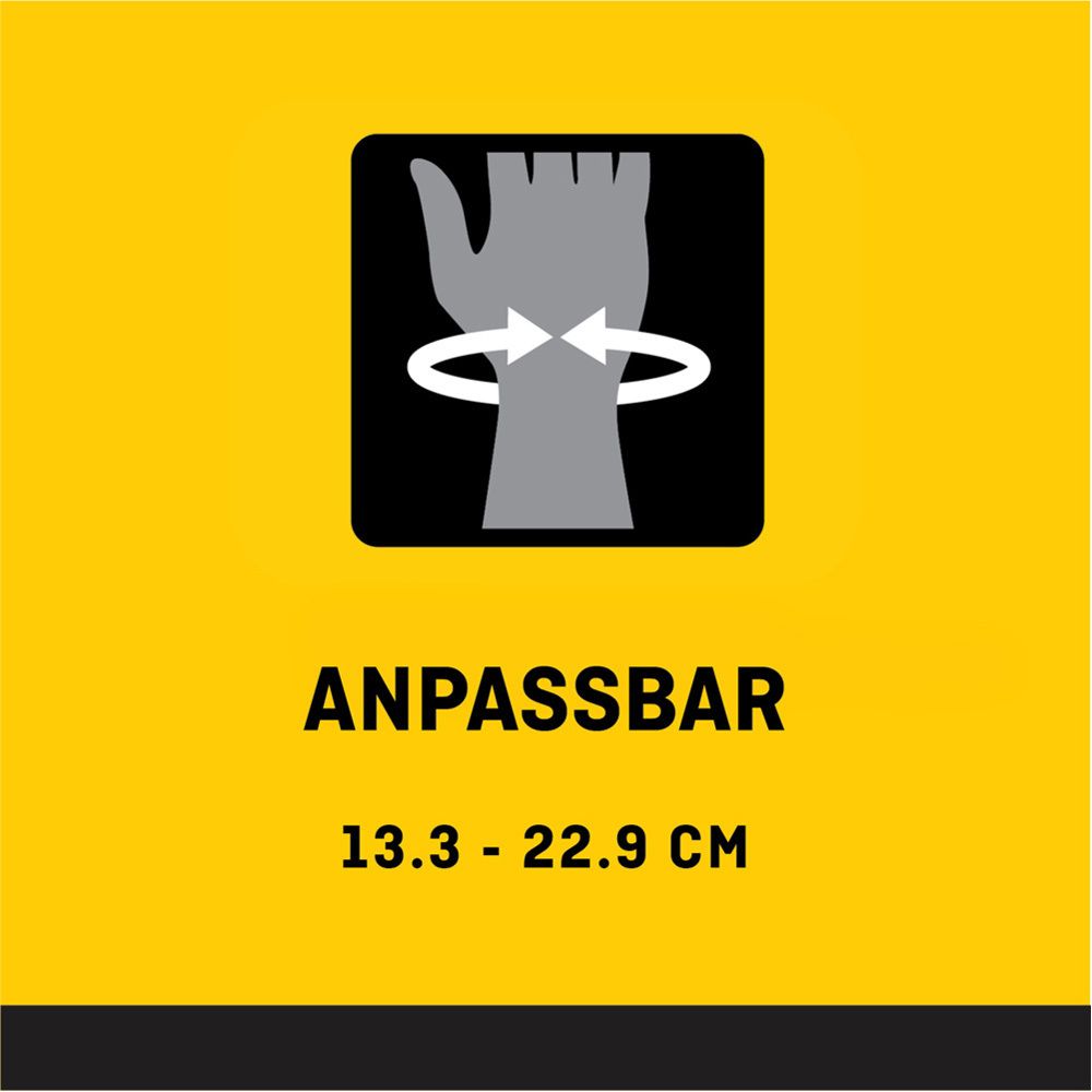 Gelber Hintergrund mit einem Symbol einer Hand und einem Pfeil. Text: Anpassbar. 13,3 - 22,9 CM.