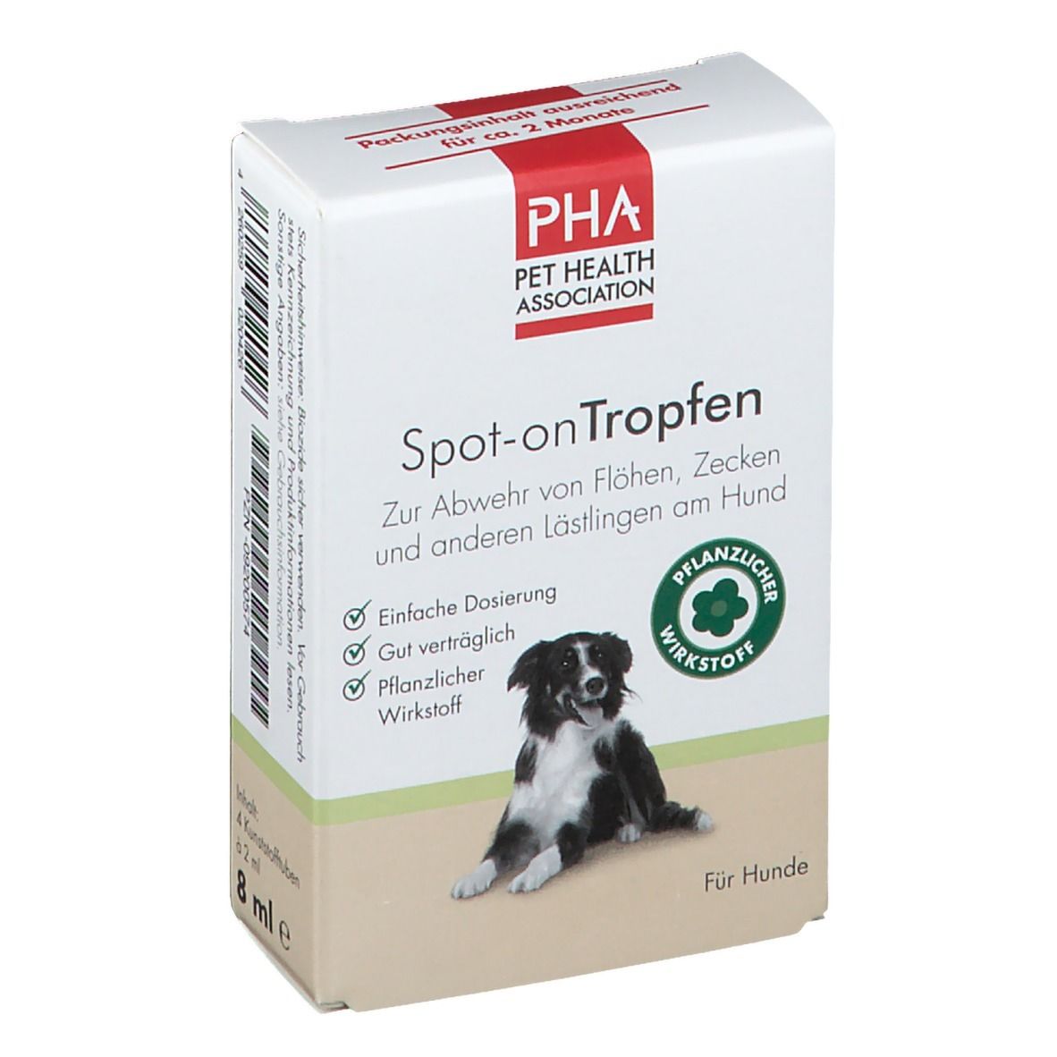 Weiße Schachtel mit Produktnamen und Hund. Enthält Spot-on Tropfen zur Abwehr von Flöhen, Zecken und anderen Schädlingen.