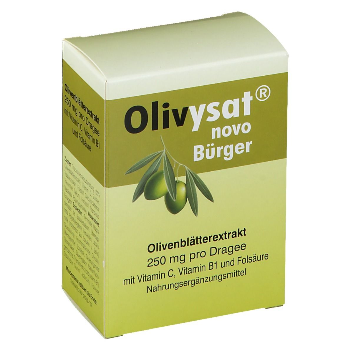 Olivysat® novo Bürger Dragees-Packung. Grün-weiß. Olivenblatt-Extrakt, 250 mg pro Dragee. Nahrungsergänzungsmittel.