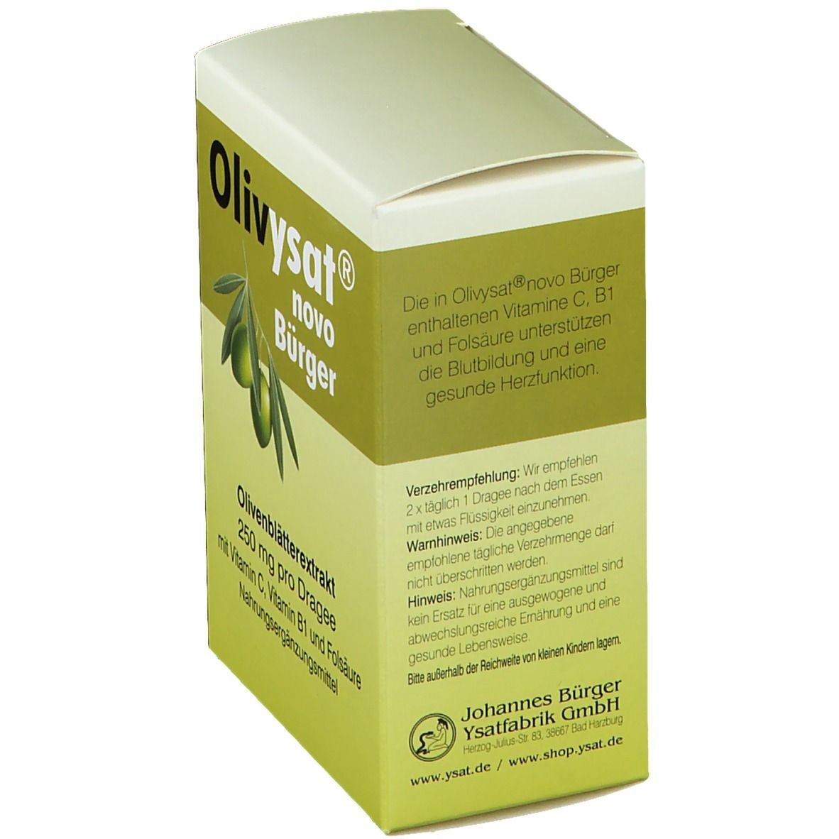 Olivysat® novo Bürger Dragees-Packung. Grün-weiß. Olivenblatt-Extrakt, 250 mg pro Dragee. Text auf der Seite.