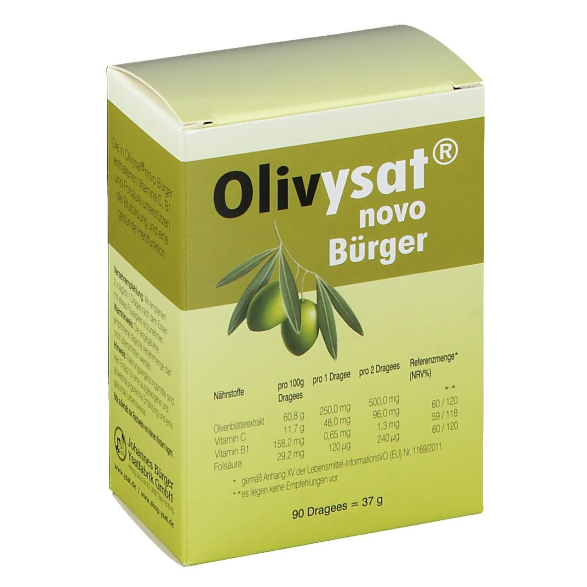 Olivysat® novo Bürger Dragees-Packung. Grün-weiß. Olivenblatt-Extrakt, 250 mg pro Dragee. Nährwerttabelle.