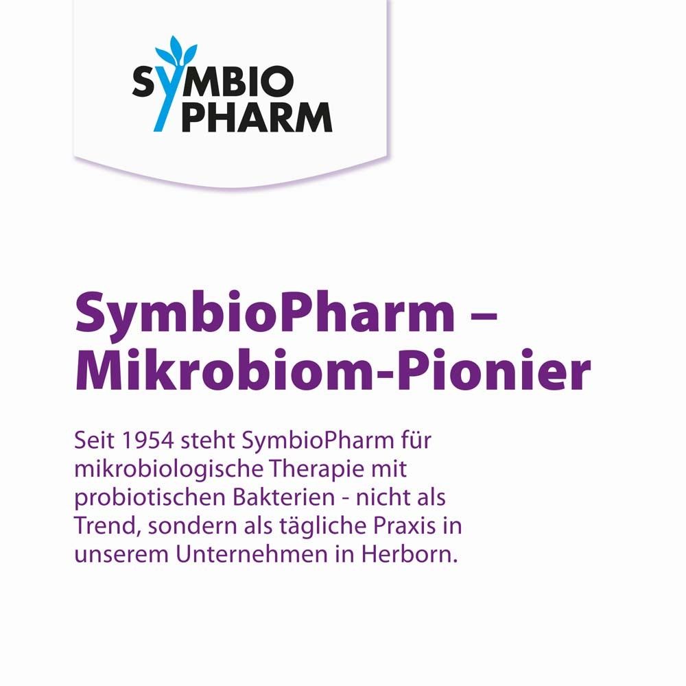 Logo SymbioPharm. Text: SymbioPharm - Mikrobiom-Pionier. Seit 1954 steht SymbioPharm für mikrobiologische Therapie mit probiotischen Bakterien.