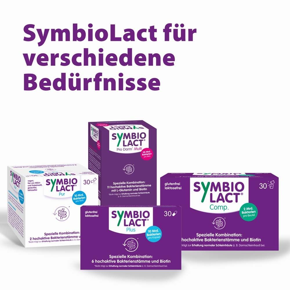Verschiedene SymbioLact Produkte. Boxen: SymbioLact Pur, Plus, Comp, Pro Immun.