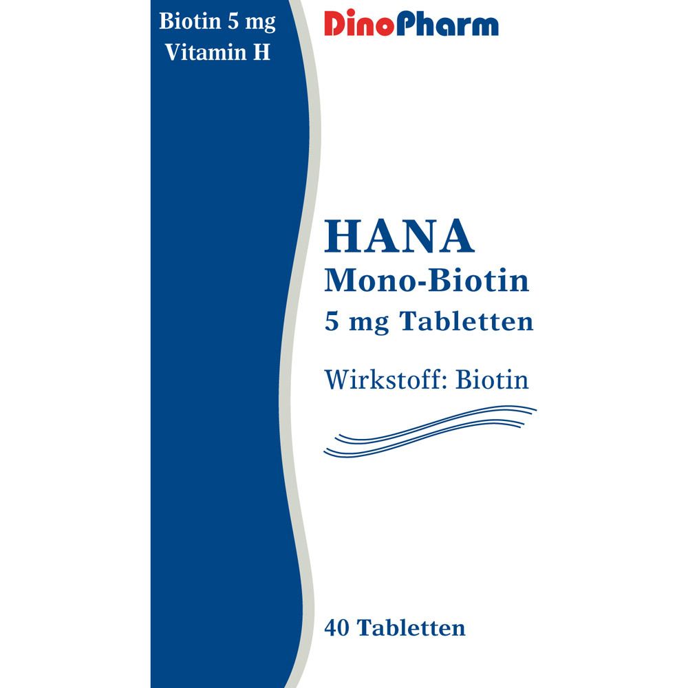 HANA Mono-Biotin 5 mg Tabletten. Packung mit 40 Tabletten. Enthält Biotin. DinoPharm Logo.