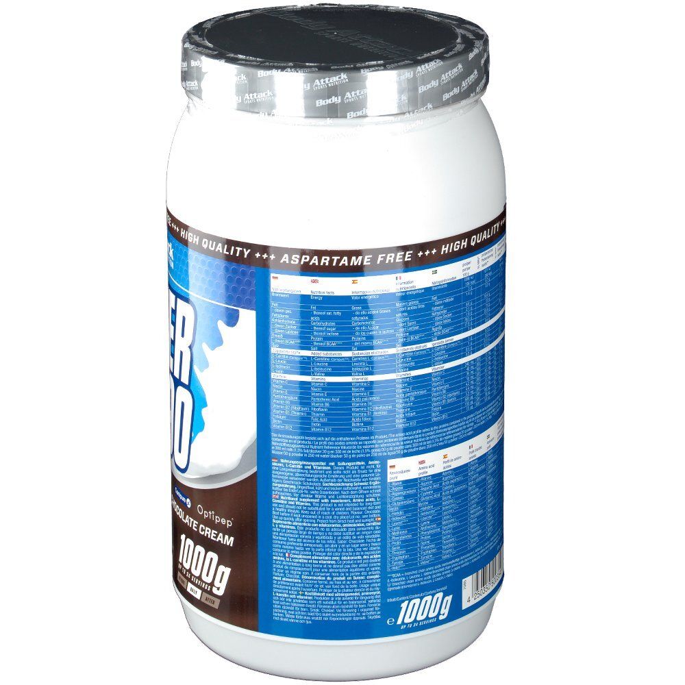 Weißer Proteinpulver-Behälter, Rückseite mit blauer Beschriftung. Enthält Nährwertangaben und Produktinformationen. 1000g.