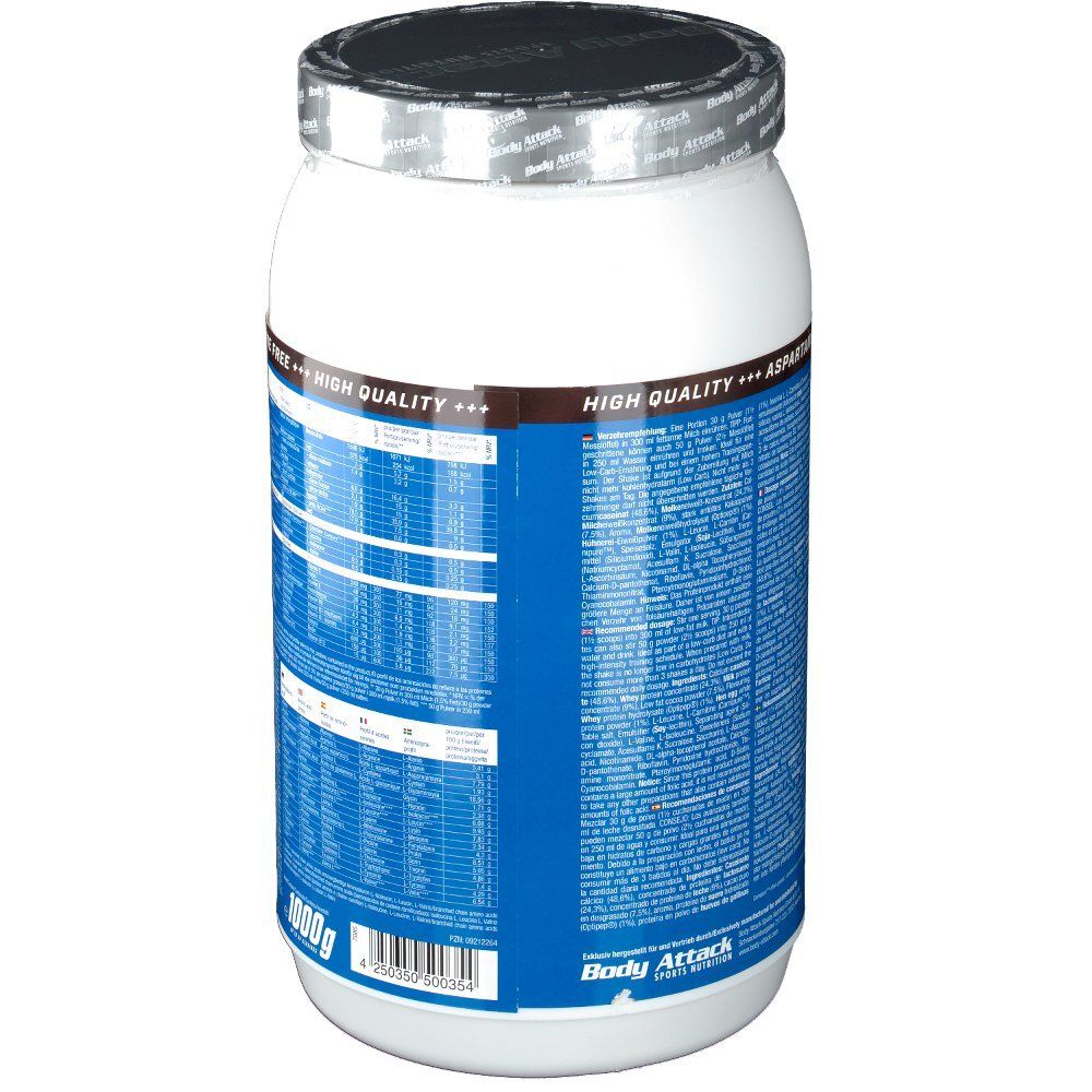 Weißer Proteinpulver-Behälter, Rückseite mit blauer Beschriftung. Enthält Nährwertangaben und Produktinformationen. 1000g.