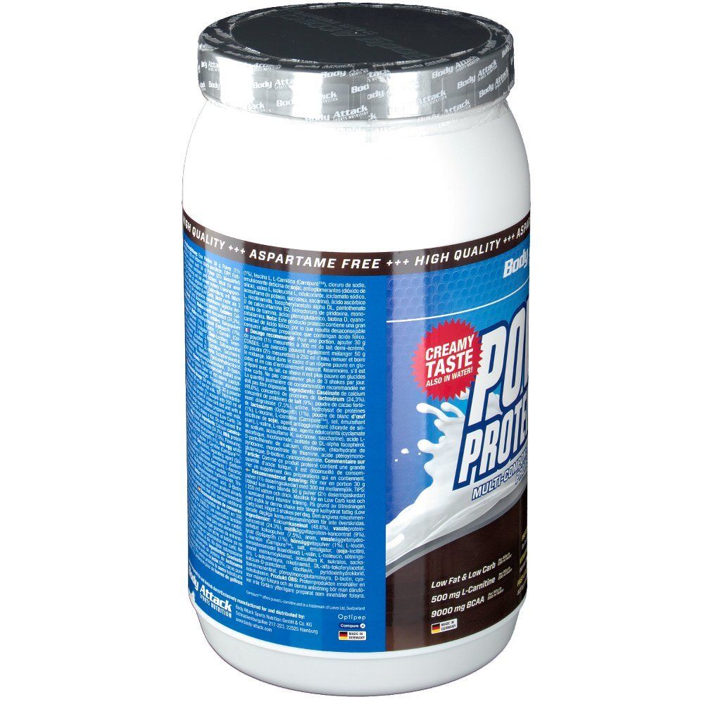 Weißer Proteinpulver-Behälter mit blauem Etikett. Aufschrift: Power Protein 90, 1000g, Geschmacksrichtung Schokolade. "Aspartame Free".