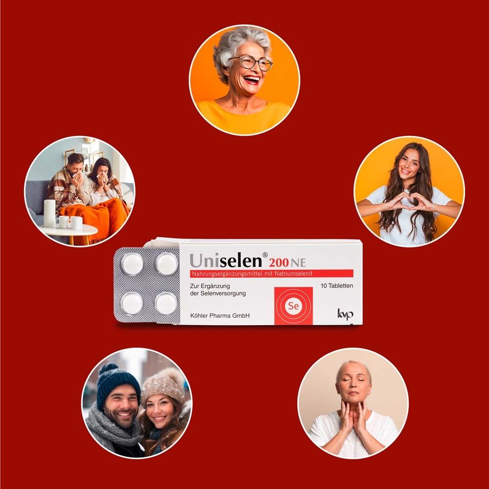 Uniselen® 200 NE-Packung umgeben von Menschen. Verschiedene Altersgruppen und Szenen.
