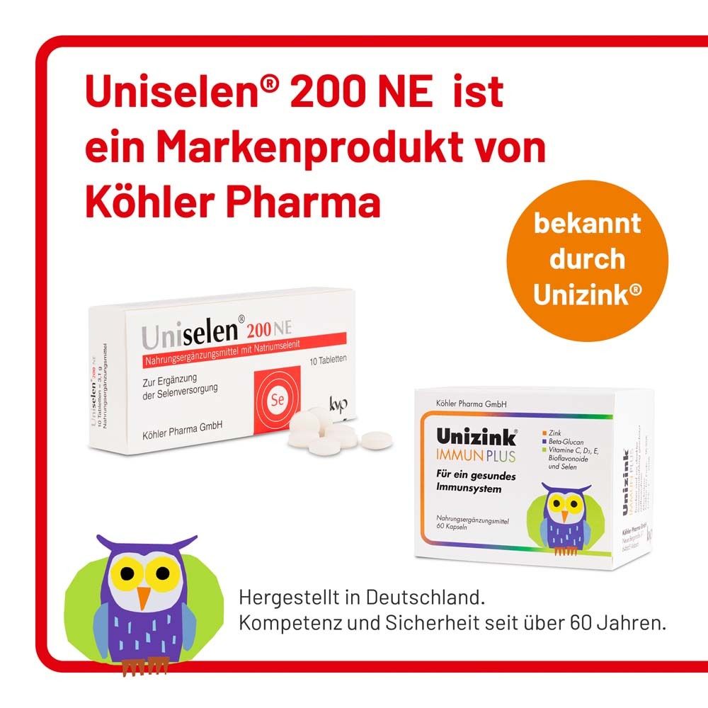 Uniselen® 200 NE und Unizink®-Packungen. Text: Markenprodukt von Köhler Pharma. Hergestellt in Deutschland.