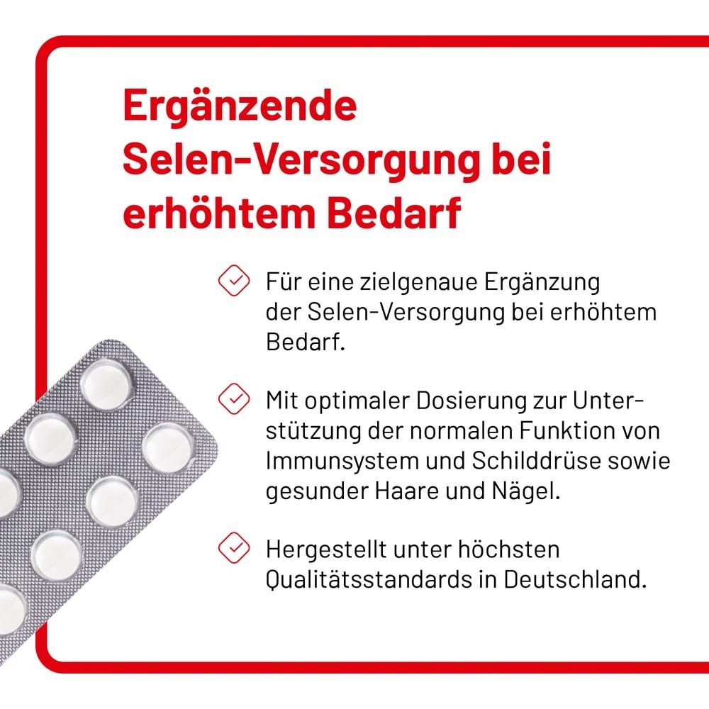 Blisterpackung mit Tabletten. Text: Ergänzende Selen-Versorgung. Mit optimaler Dosierung. Hergestellt in Deutschland.