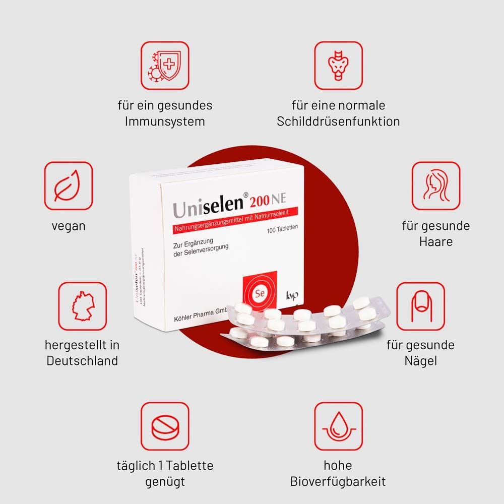 Produktverpackung von Uniselen® 200 NE mit Symbolen. Für Immunsystem, Schilddrüse, Haare, Nägel. 1 Tablette täglich.