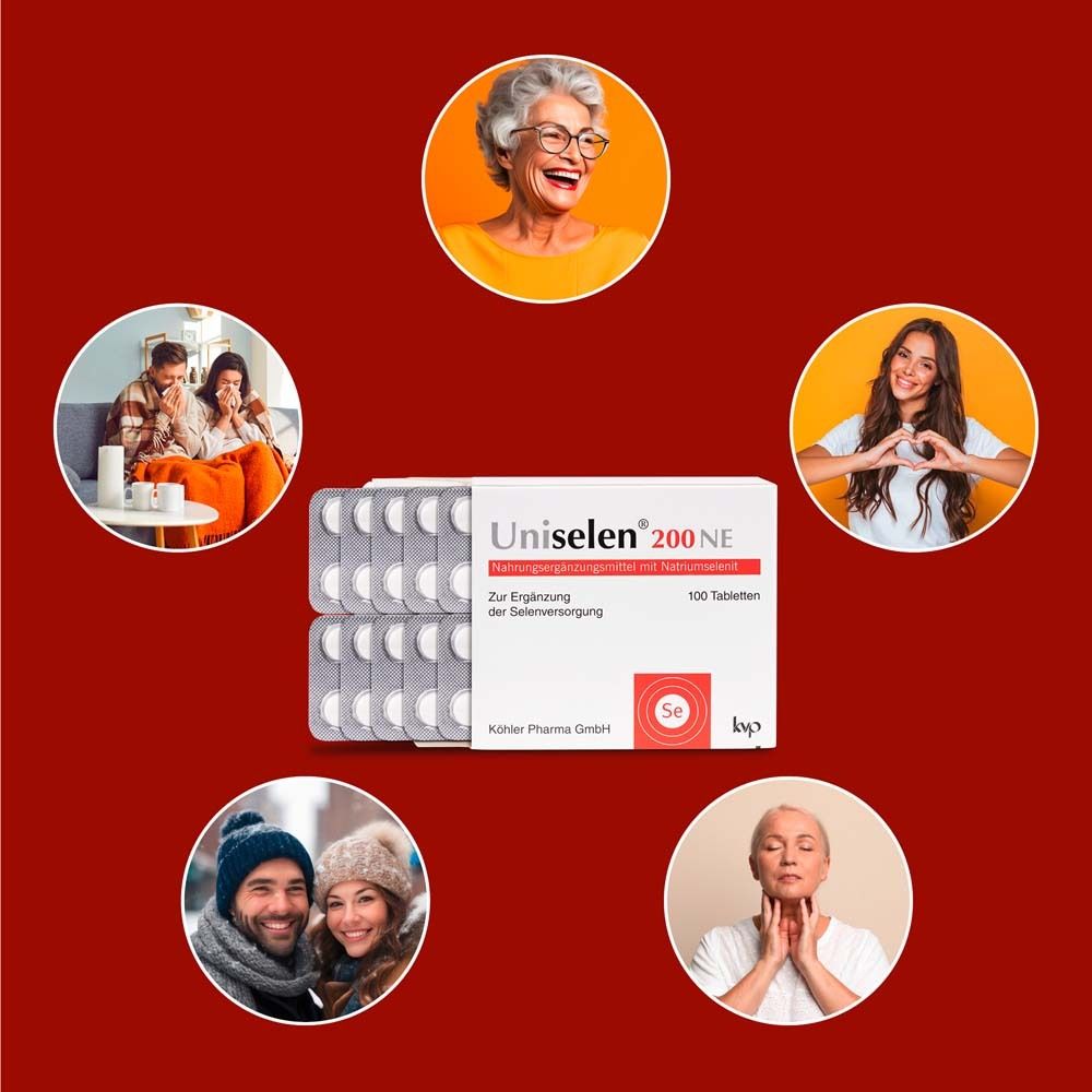 Produktverpackung von Uniselen® 200 NE, umgeben von Menschen. Für Gesundheit, Wohlbefinden.