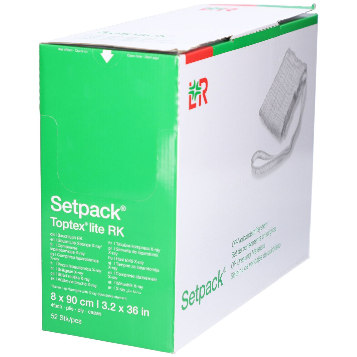 Setpack Toptex lite RK Box. 8 x 90 cm Verbandmaterial. 52 Stück. L&R-Logo. Text in Deutsch, Englisch, Spanisch. Grüne Akzente.