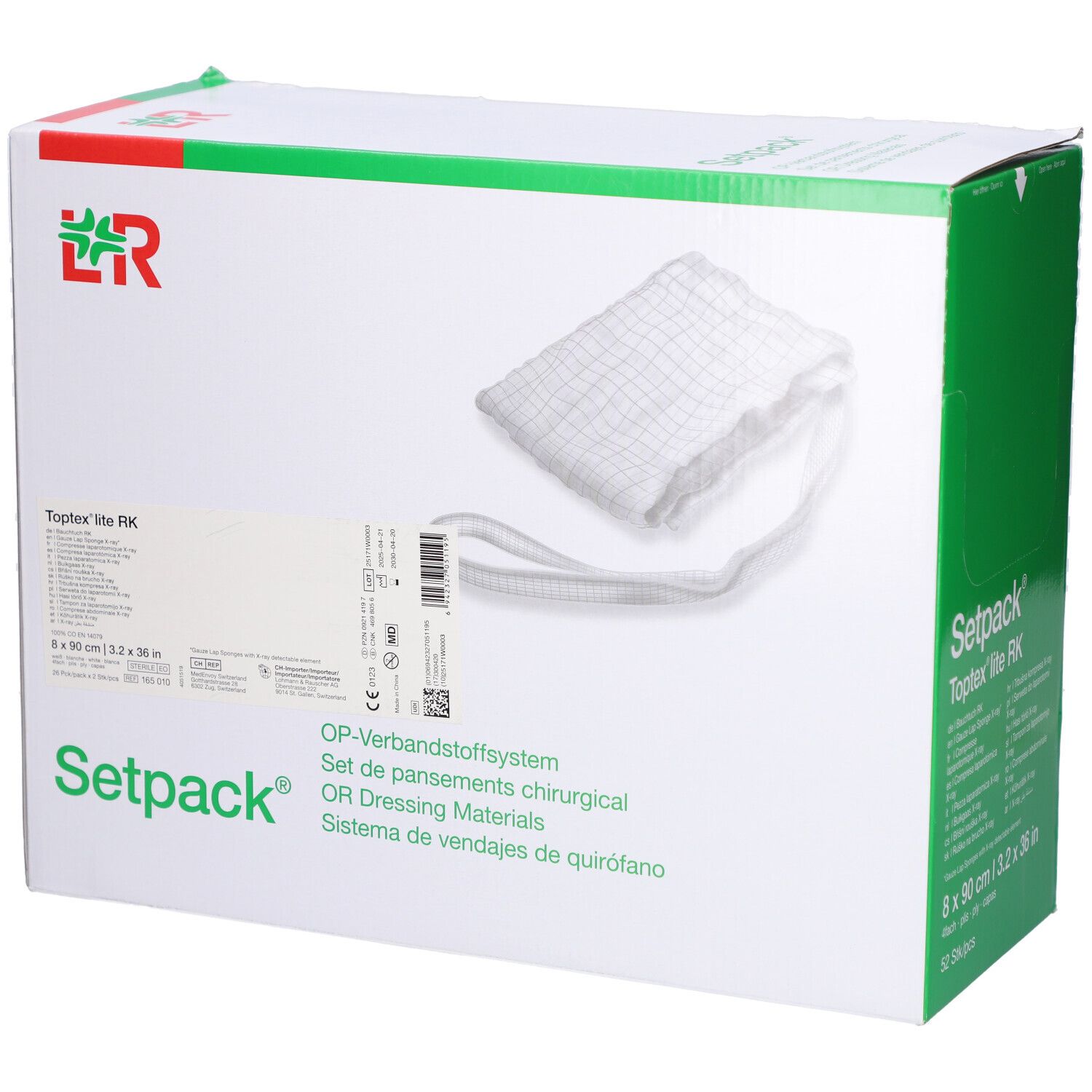 Setpack Toptex lite RK Box. 8 x 90 cm Verbandmaterial. L&R-Logo. Text in Deutsch, Englisch, Spanisch. Weißer Hintergrund.