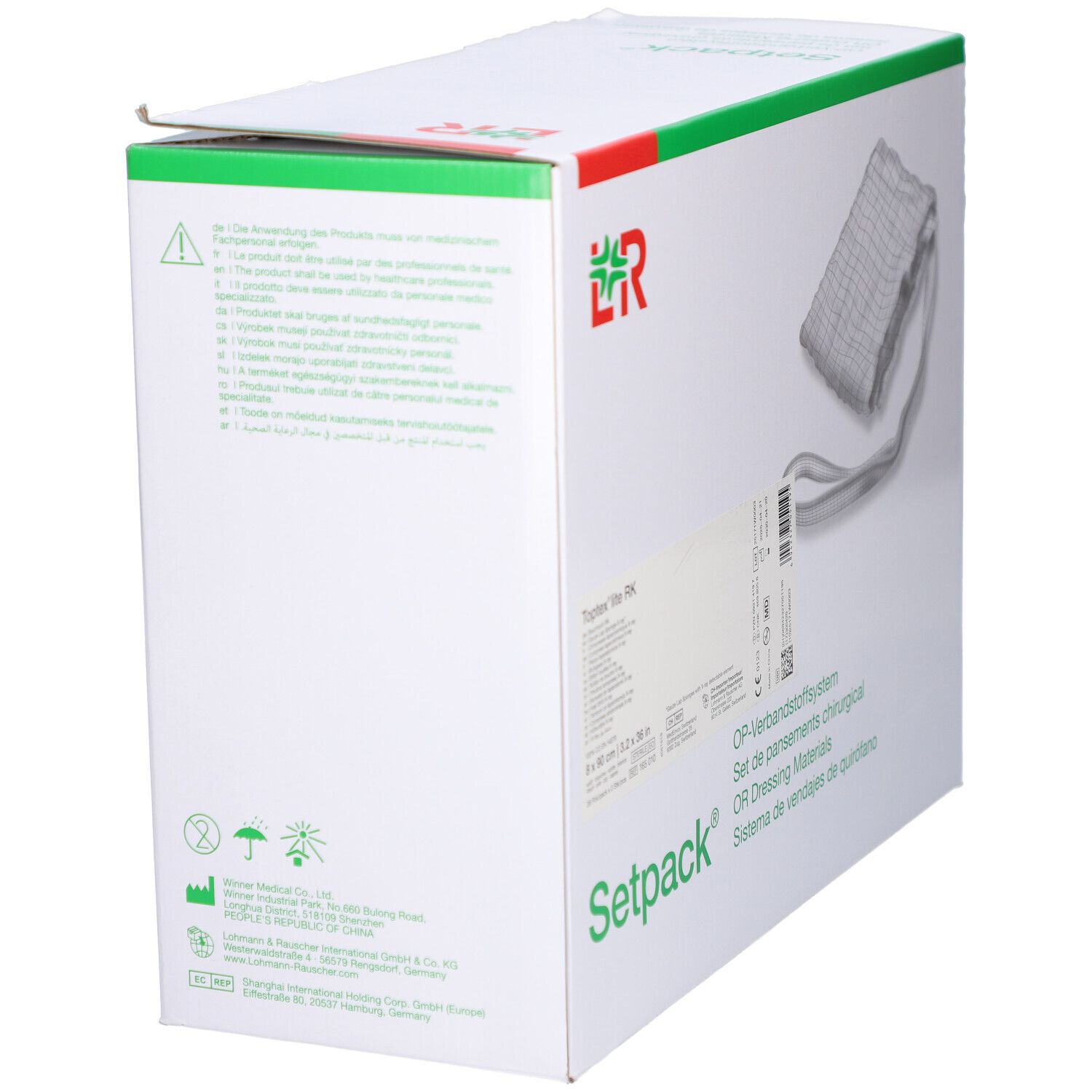 Setpack Toptex lite RK Box. L&R-Logo. Text in Deutsch, Englisch, Spanisch. Warnhinweise. Weißer Hintergrund. Geöffnete Box.