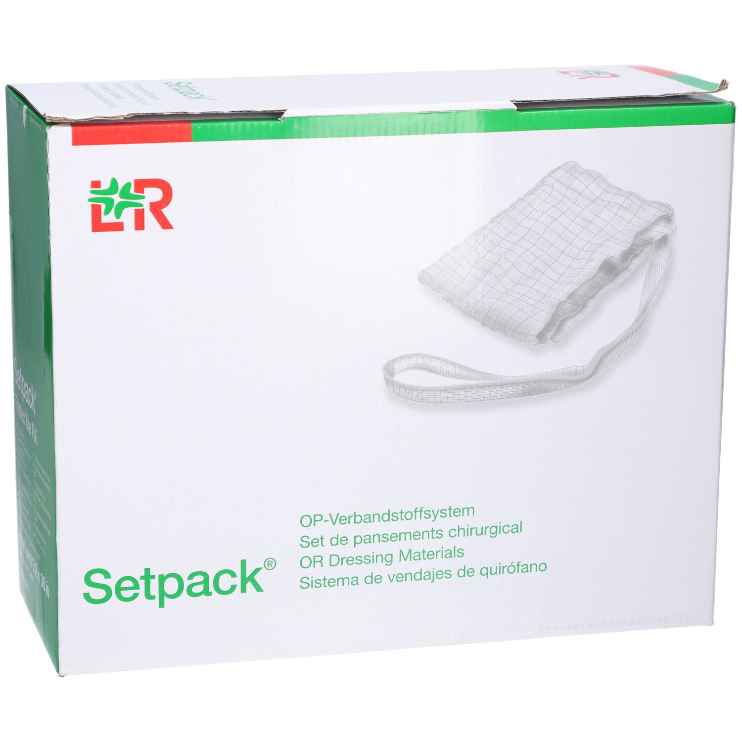 Setpack Box mit Verbandmaterial. Weißes Verbandmaterial mit Schlaufe. L&R-Logo. Text in Deutsch, Englisch, Spanisch.