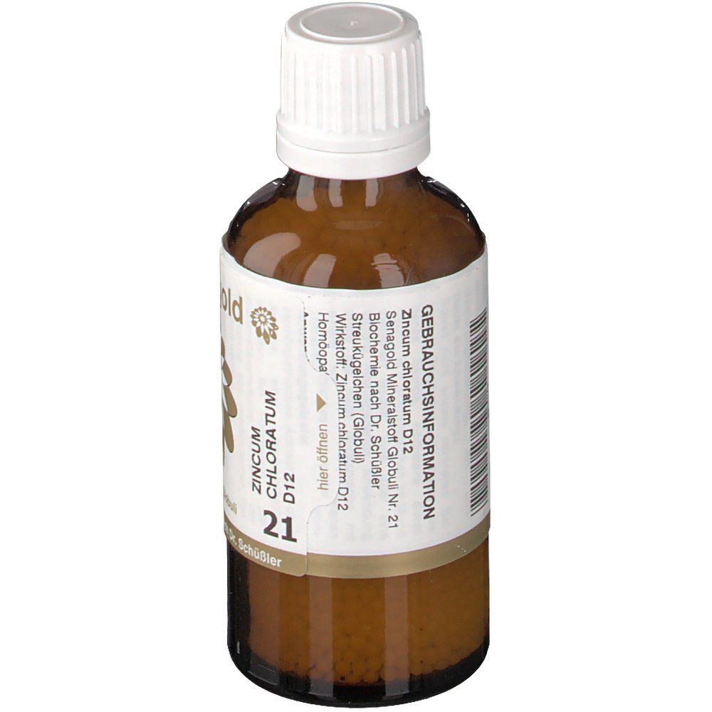 Braune Glasflasche mit weißem Deckel. Etikett mit senagold, Zincum chloratum D12, 21. Gebrauchsinformationen. Homöopathisch.