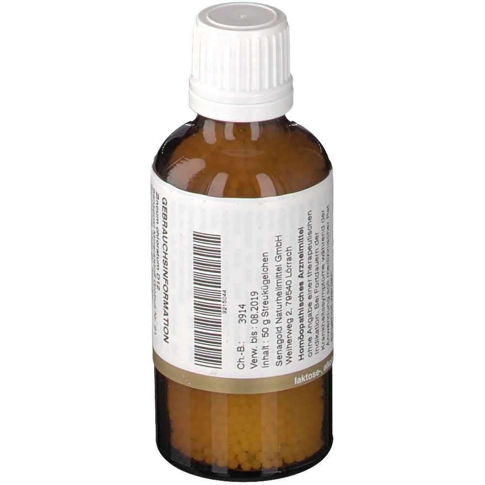 Braune Glasflasche mit weißem Deckel. Etikett mit Gebrauchsinformationen, Chargennummer, Verfallsdatum. Inhalt: 50 g Streukügelchen.
