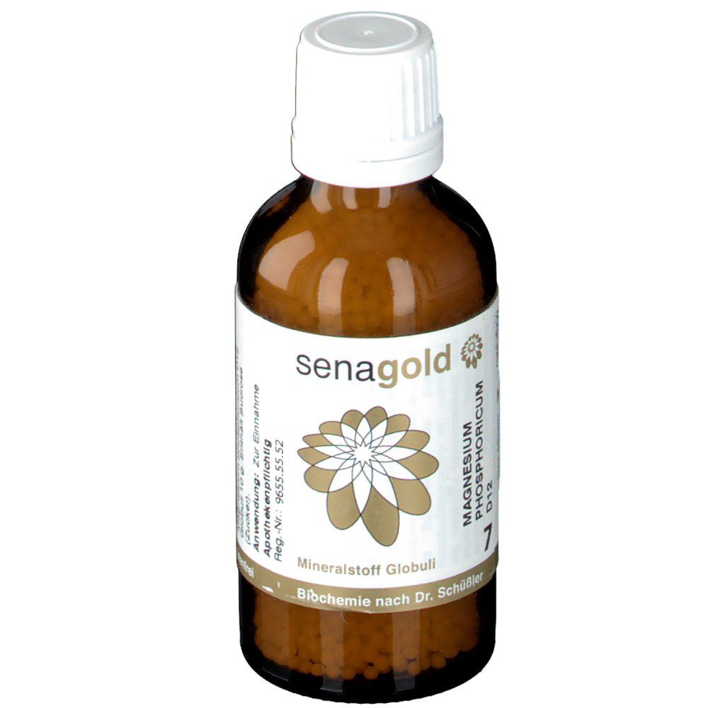 Braune Glasflasche mit weißem Deckel. Etikett mit Produktnamen, Logo und Inhaltsangaben. Senagold 7 Magnesium phosphoricum D12.