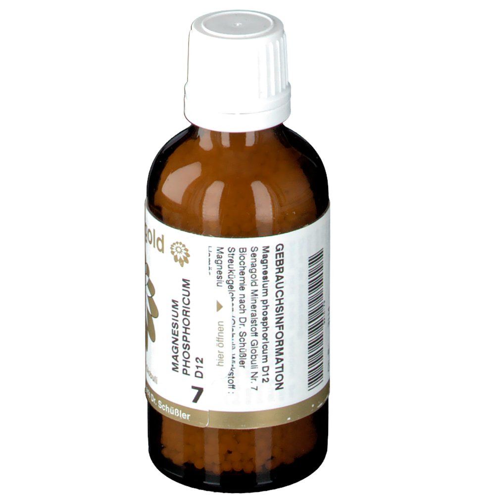 Braune Glasflasche mit weißem Deckel. Etikett mit Produktnamen, Logo und Inhaltsangaben. Senagold 7 Magnesium phosphoricum D12.