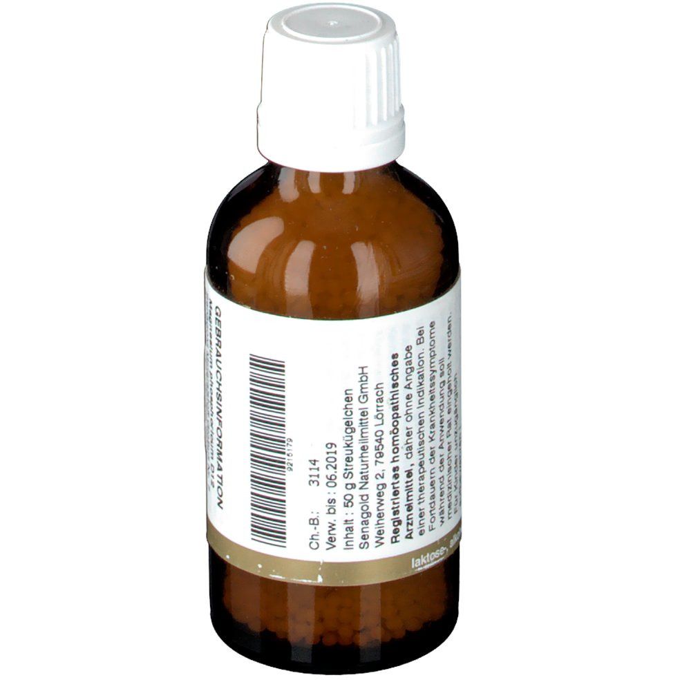 Braune Glasflasche mit weißem Deckel. Etikett mit Produktinformationen und Barcode. Gebrauchsinformationen.
