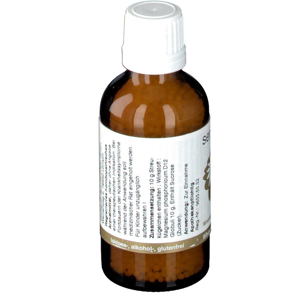 Braune Glasflasche mit weißem Deckel. Etikett mit Produktinformationen. Enthält 10g Streukügelchen. Lactose-, alkohol-, glutenfrei.