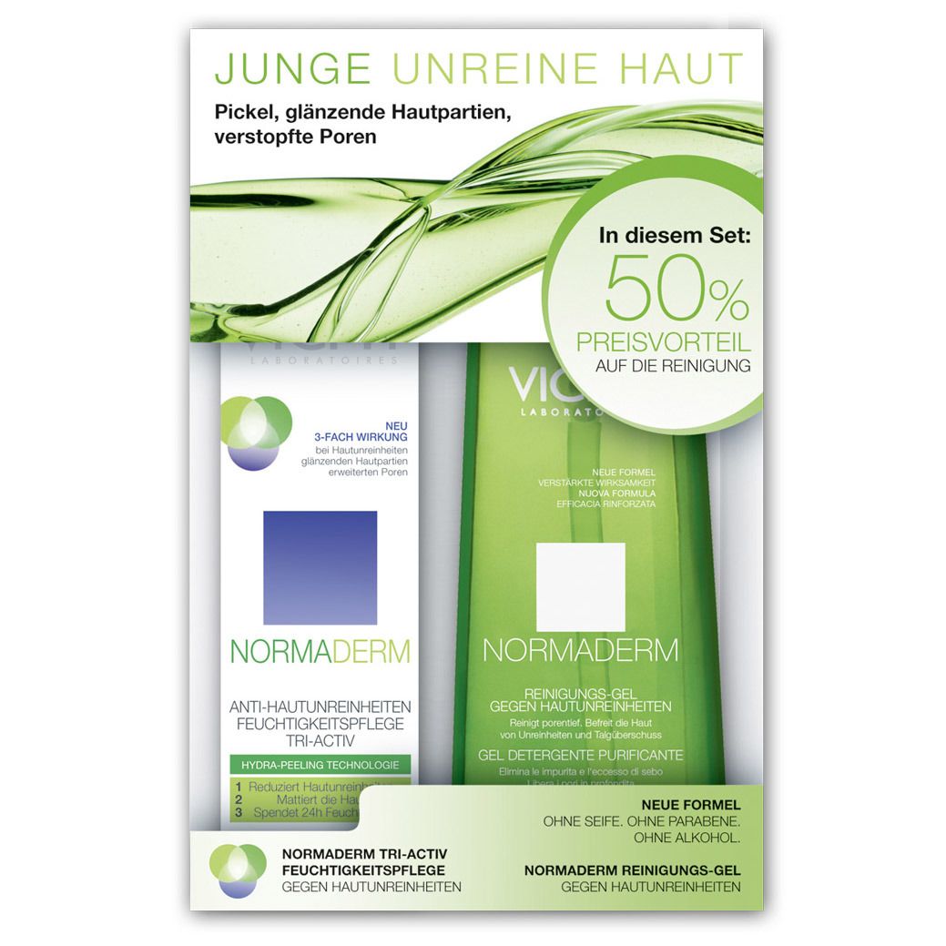 Set mit zwei Produkten. Links: Feuchtigkeitspflege. Rechts: Reinigungs-Gel. Beide Produkte sind von Normaderm.