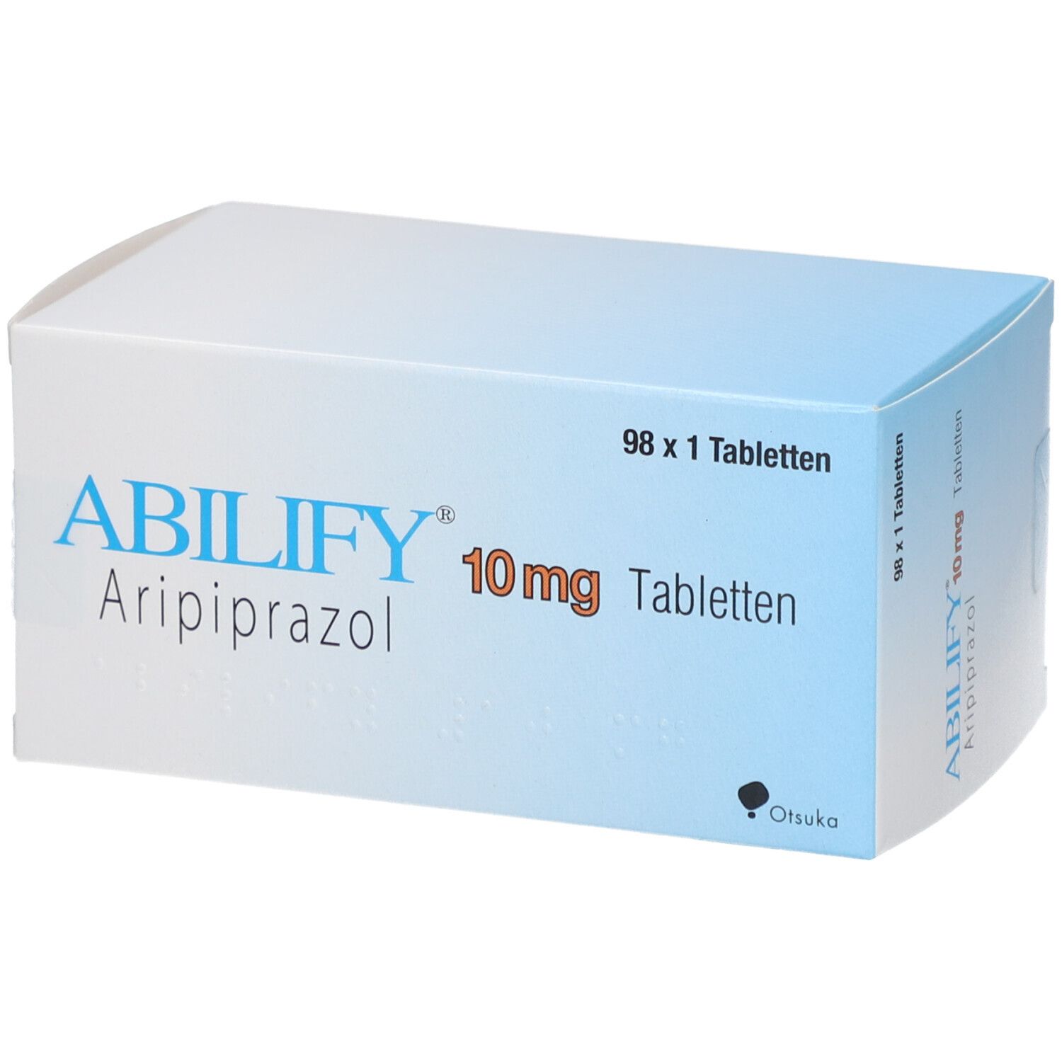 Schachtel ABILIFY 10 mg Tabletten. Blaue und weiße Verpackung mit Produktnamen, Dosierung und Anzahl der Tabletten.