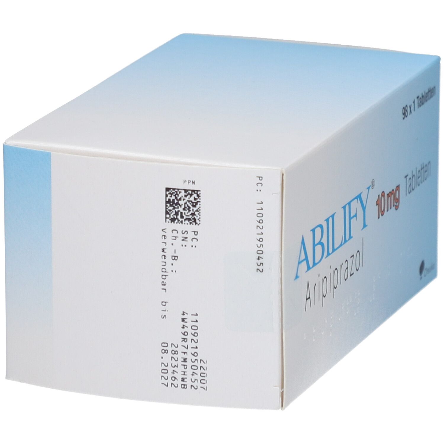 Schachtel ABILIFY 10 mg Tabletten. Seitenansicht mit Produktinformationen, Barcode und Chargennummer.