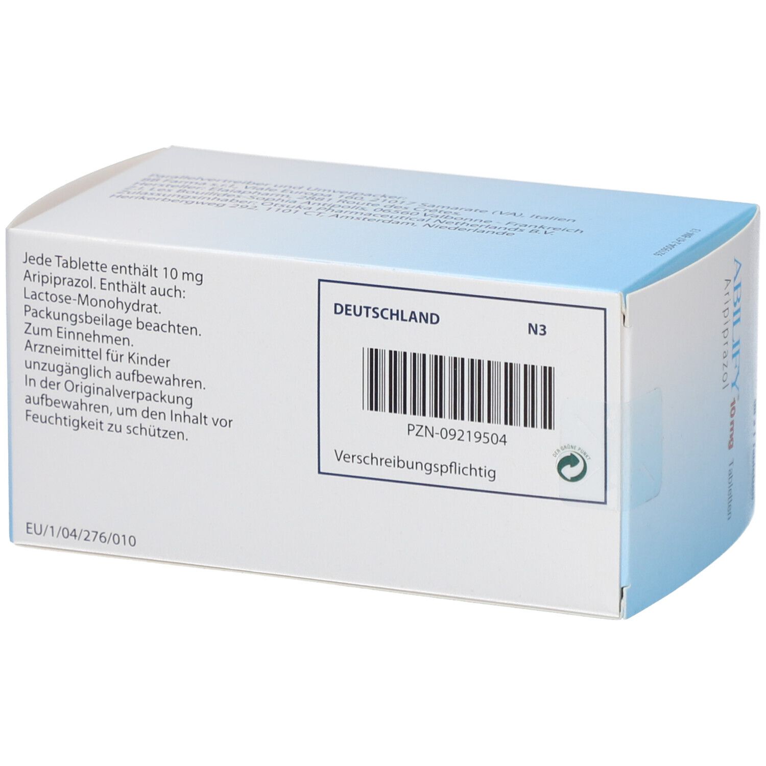 Rückseite der ABILIFY 10 mg Tabletten-Schachtel. Textinformationen, Barcode und Herkunftsland.
