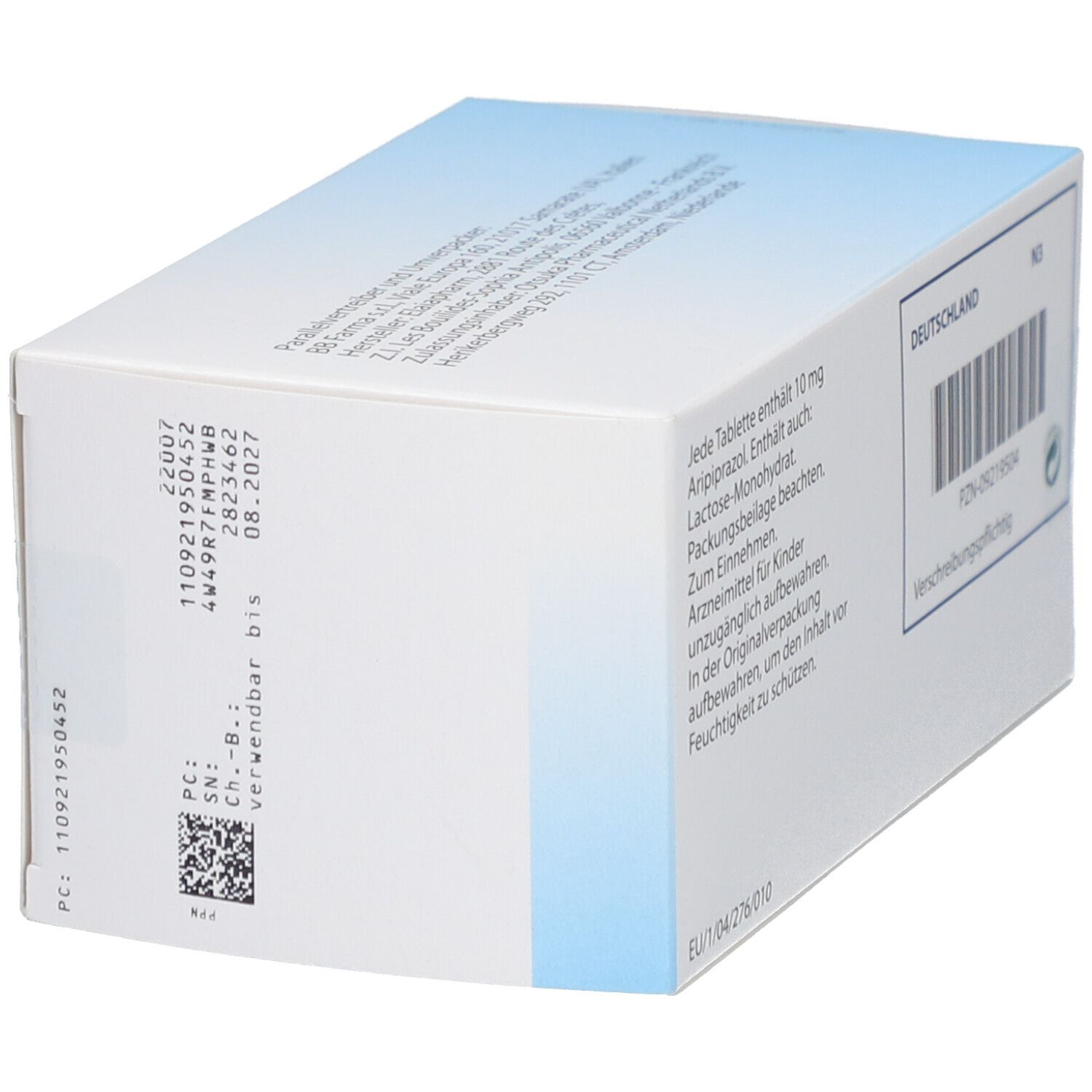 Rückseite der ABILIFY 10 mg Tabletten-Schachtel. Detailansicht mit Text, Barcode und Chargennummer.