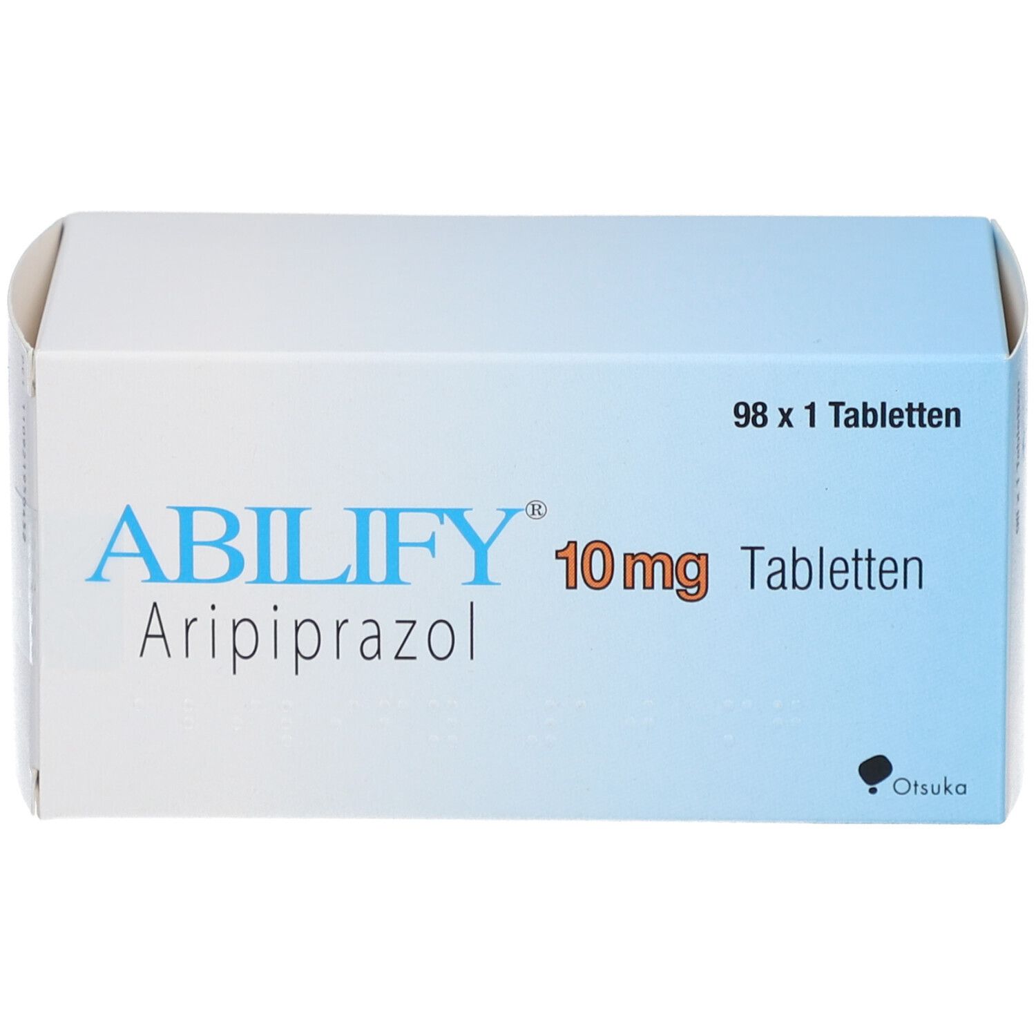Schachtel ABILIFY 10 mg Tabletten. Blaue und weiße Verpackung mit Produktnamen, Dosierung und Anzahl der Tabletten.