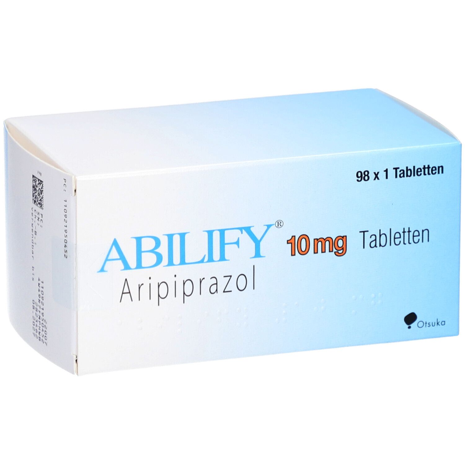 Schachtel ABILIFY 10 mg Tabletten. Blaue und weiße Verpackung mit Produktnamen, Dosierung und Anzahl der Tabletten.