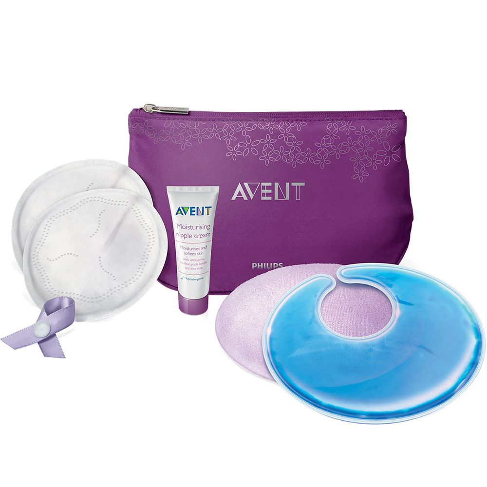 Philips AVENT Brustpflege Starter-Set. Enthält eine lilafarbene Tasche, Brustwarzencreme, Stilleinlagen, Kühlpads und eine Schleife.