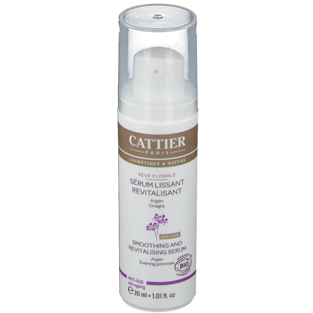 Weißes Serum mit Pumpkopf und durchsichtiger Kappe. Aufschrift: CATTIER, Sève Florale, Sérum Lissant Revitalisant.