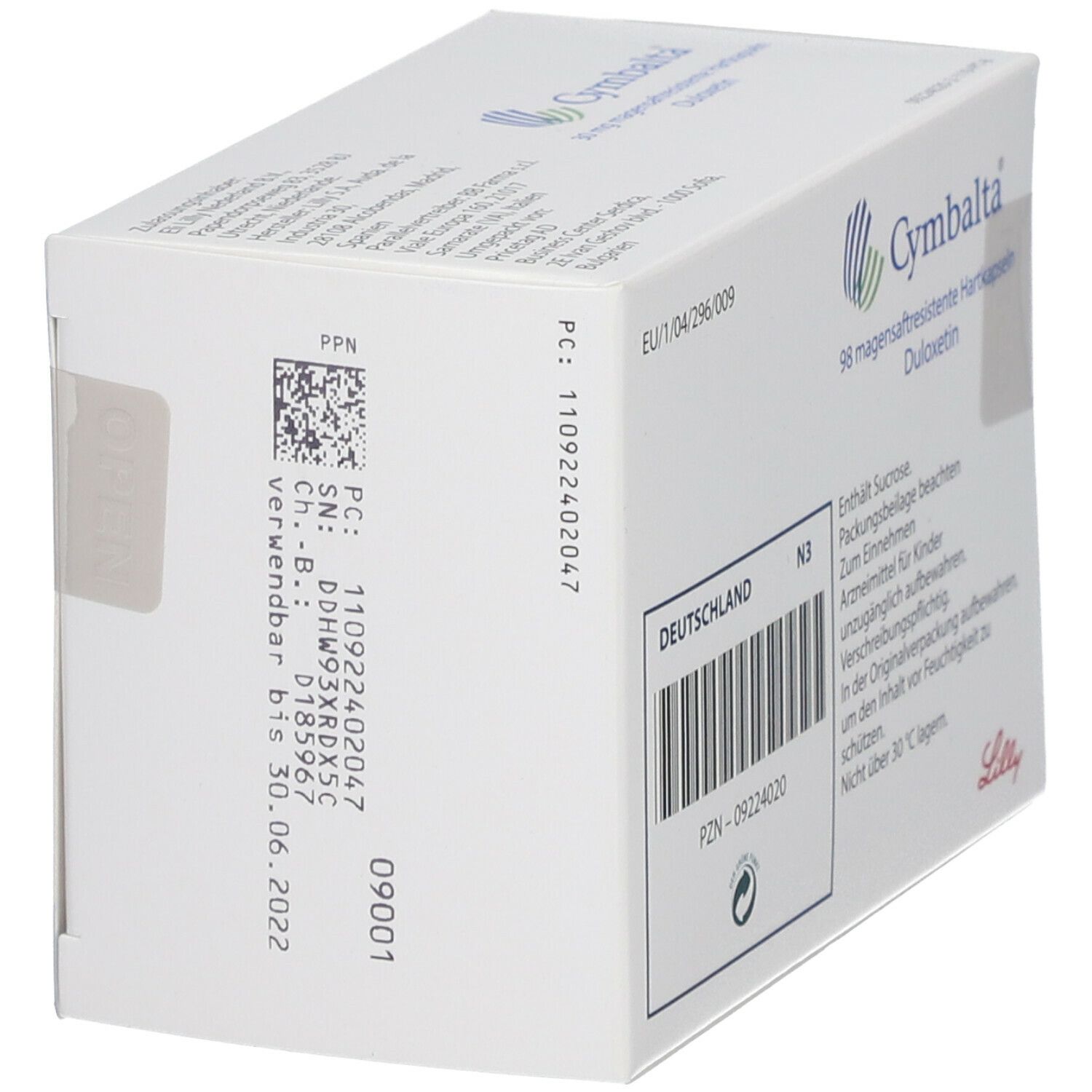 Weiße Schachtel mit Cymbalta-Logo und Text. Enthält 98 magensaftresistente Hartkapseln. Aufdrucke mit Chargennummer und Verfallsdatum.