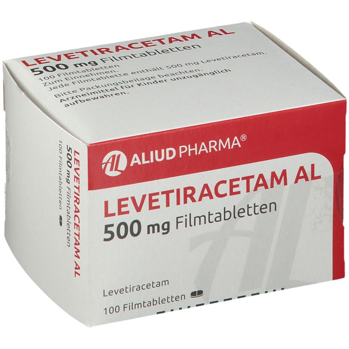 Geöffnete Schachtel Levetiracetam AL 500 mg Filmtabletten. Rote und weiße Verpackung, Text auf Deutsch.
