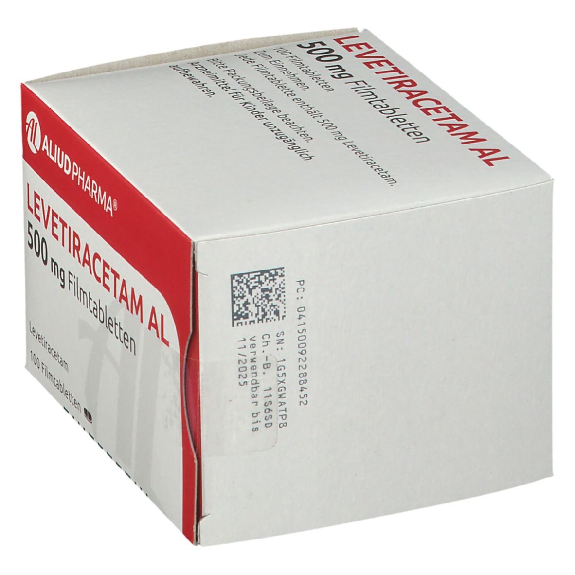 Schachtel Levetiracetam AL 500 mg Filmtabletten. Ansicht der Seite mit Text und Barcode.
