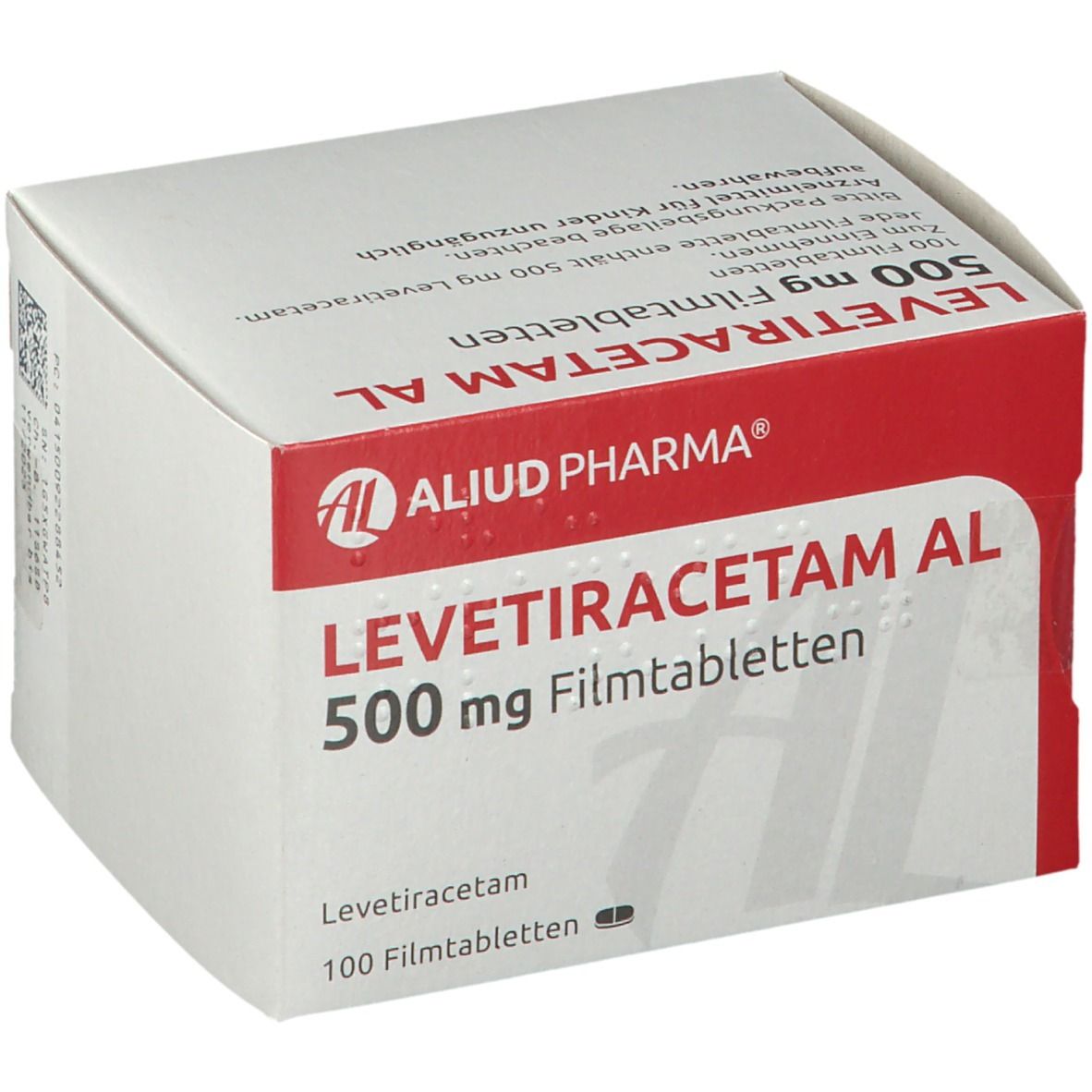 Schachtel Levetiracetam AL 500 mg Filmtabletten. Ansicht der Seite mit Text.