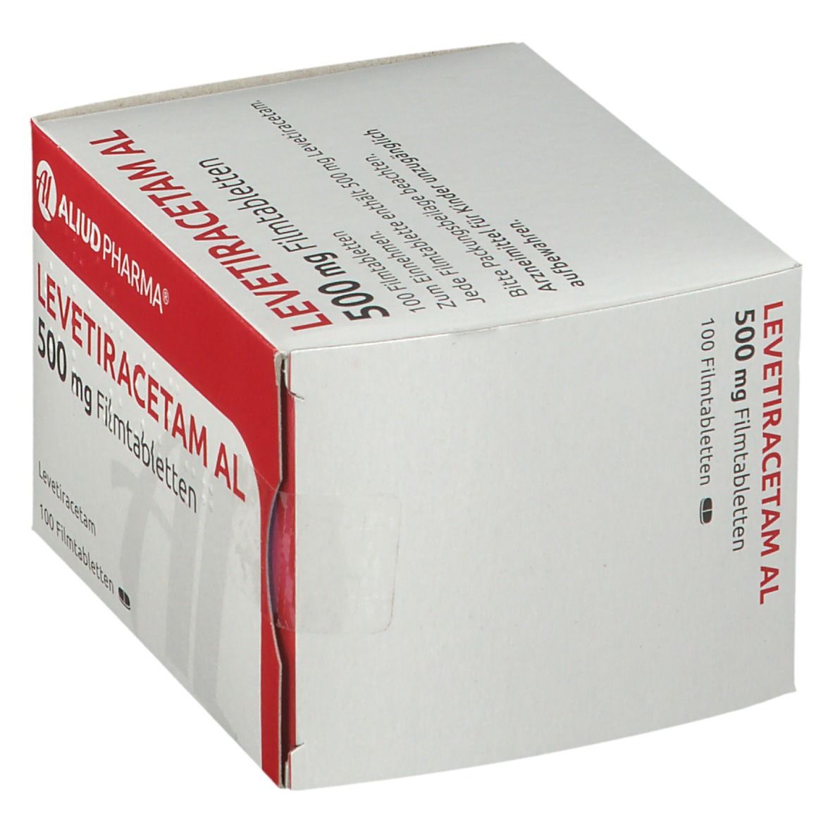 Schachtel Levetiracetam AL 500 mg Filmtabletten. Ansicht der Seite mit Text.