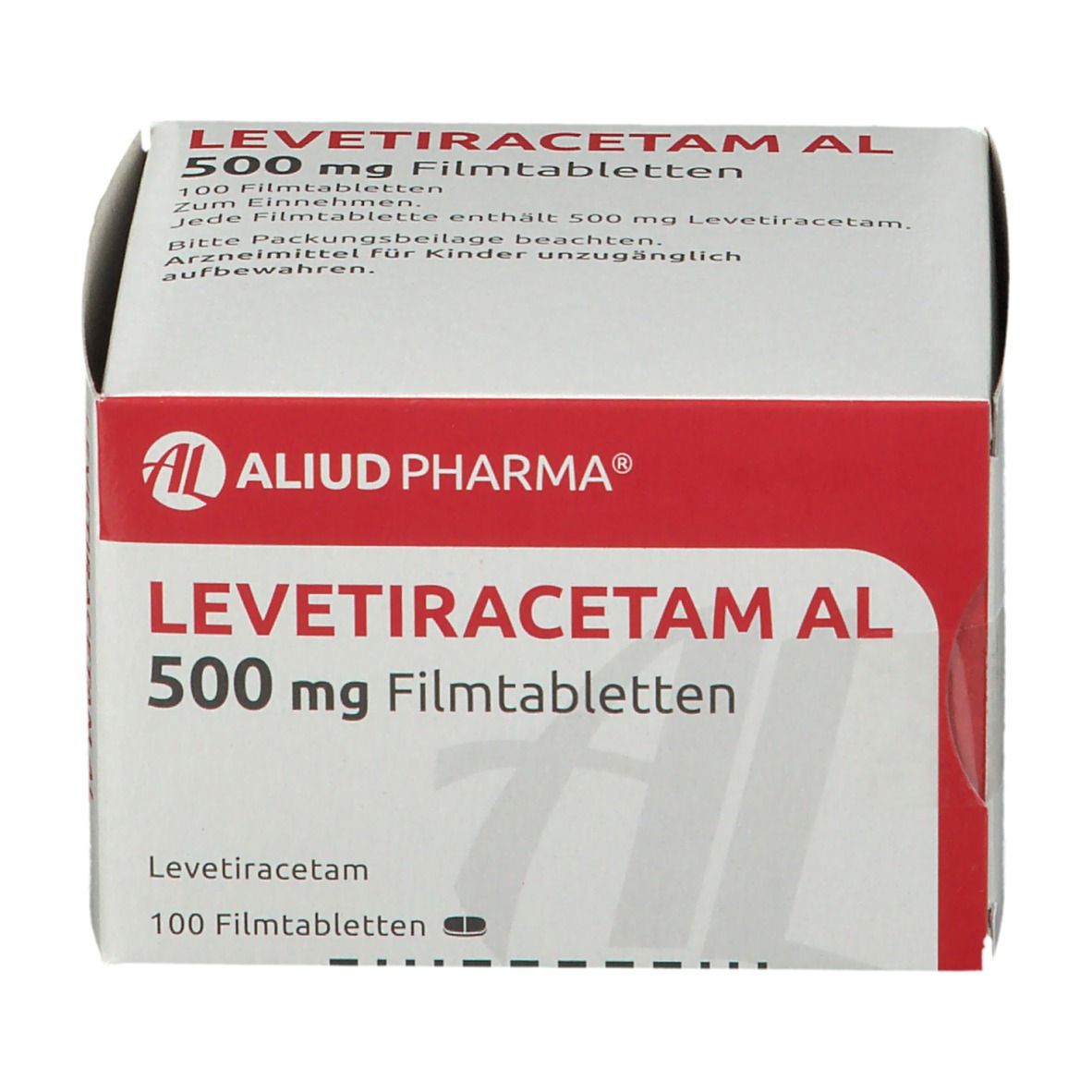 Schachtel Levetiracetam AL 500 mg Filmtabletten. Ansicht der Oberseite mit Text.
