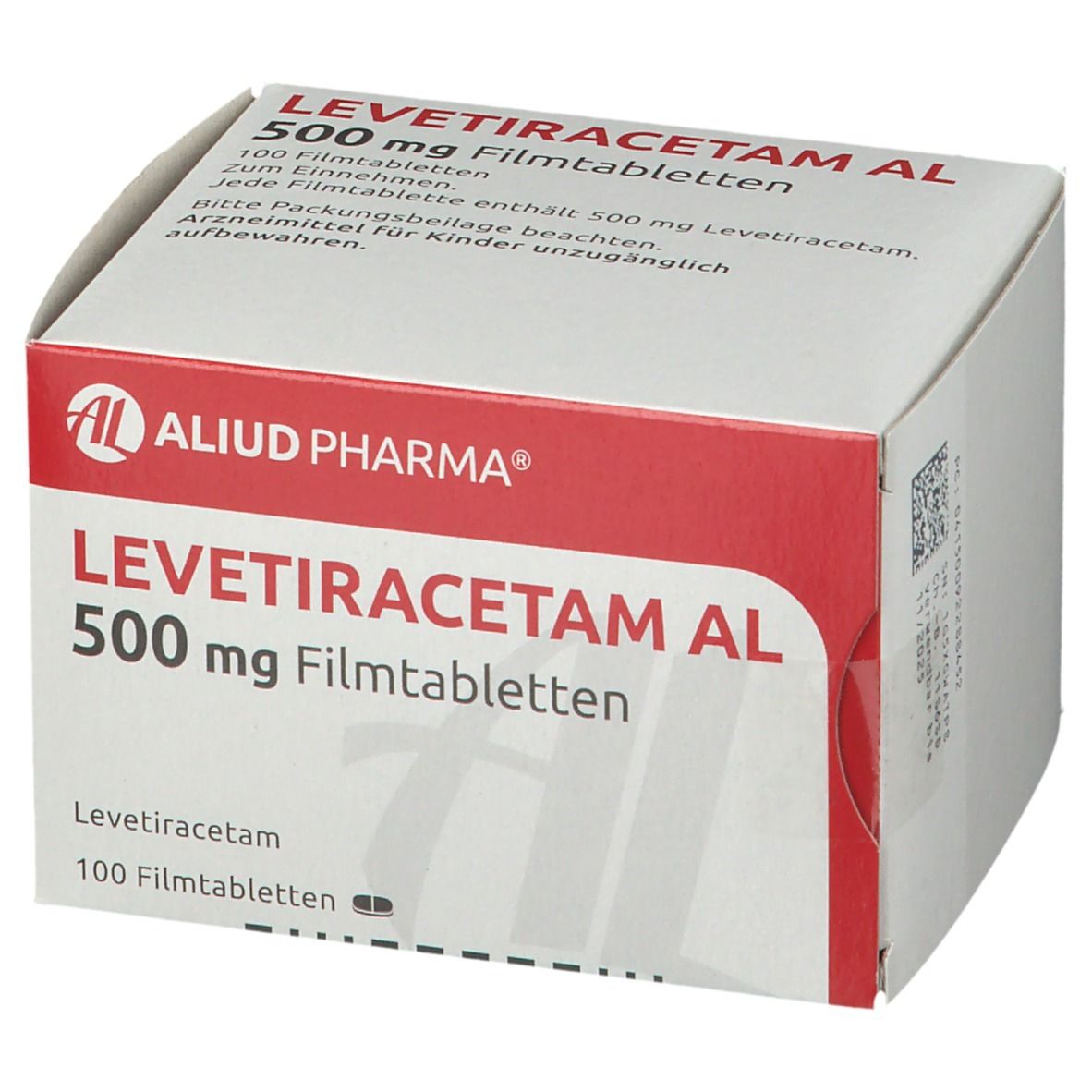 Schachtel Levetiracetam AL 500 mg Filmtabletten. Ansicht der Oberseite mit Text.