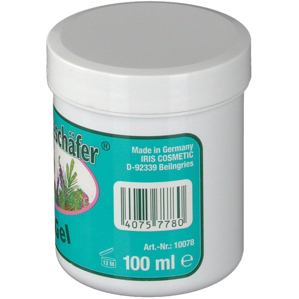 Weißer Tiegel mit Deckel. Aufschrift: Alter Heideschäfer Fuß-Gel. Etikett mit Barcode und Text. 100 ml.
