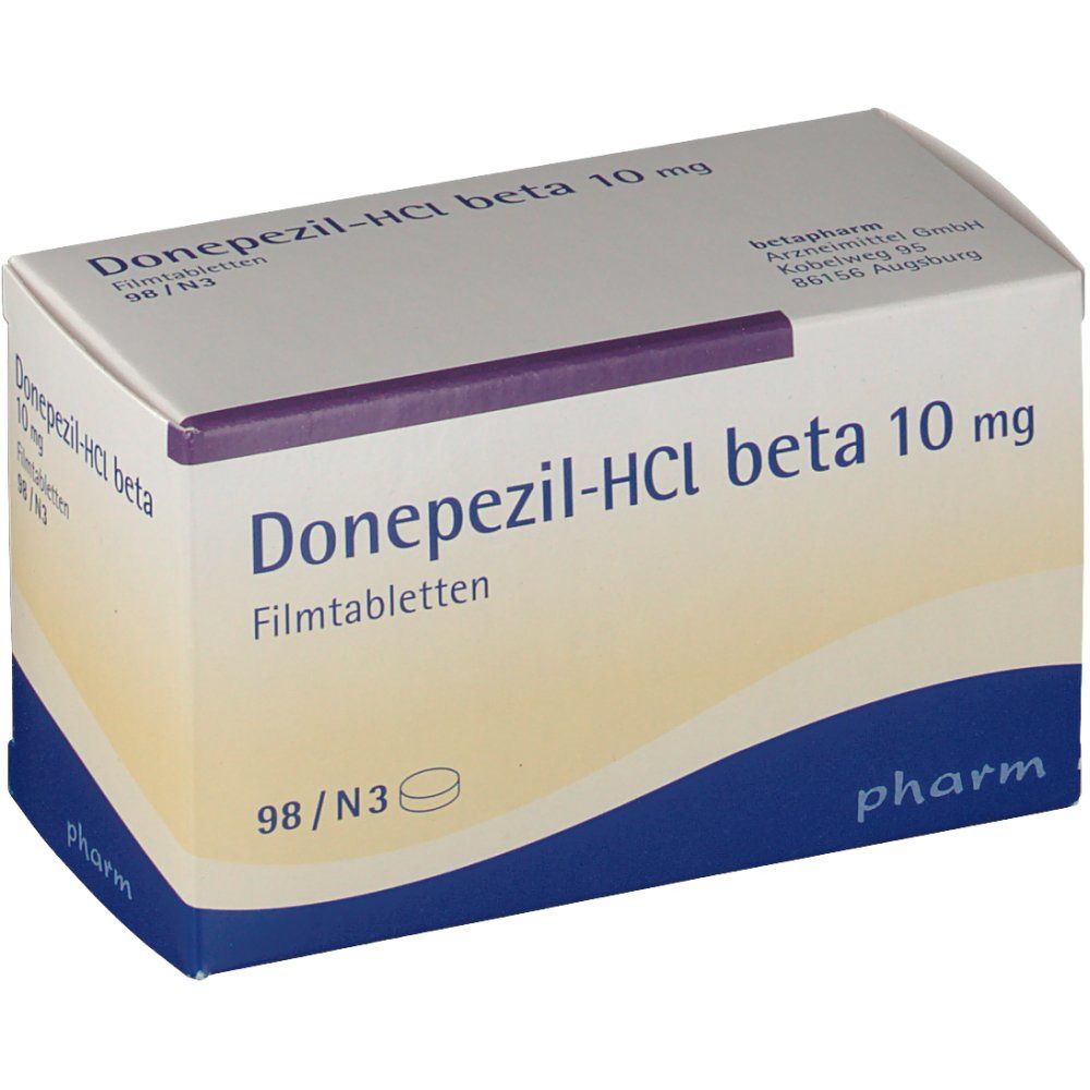 Arzneimittelpackung mit Produktbezeichnung und Dosierung. Blaue und weiße Verpackung mit lila Akzent. "Donepezil-HCl beta 10 mg Filmtabletten".