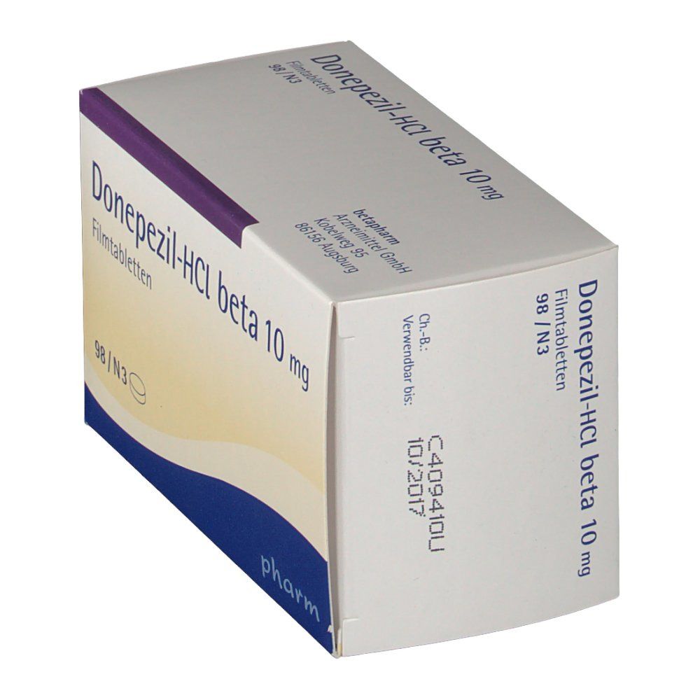 Arzneimittelpackung, Seitenansicht. Produktname und Dosierung sichtbar. Weiße Verpackung mit lila Akzent. "Donepezil-HCl beta 10 mg Filmtabletten".