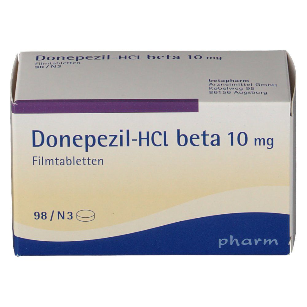 Arzneimittelpackung mit Produktbezeichnung und Dosierung. Blaue und weiße Verpackung mit lila Akzent. "Donepezil-HCl beta 10 mg Filmtabletten".