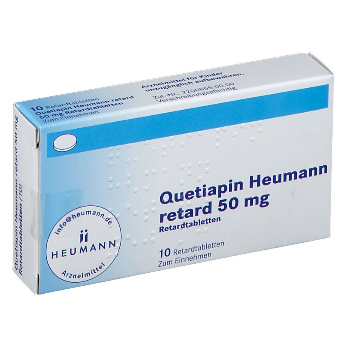 Schachtel mit "Quetiapin Heumann retard 50 mg". 10 Retardtabletten. Blaue und weiße Farbgebung. "Heumann" Logo.
