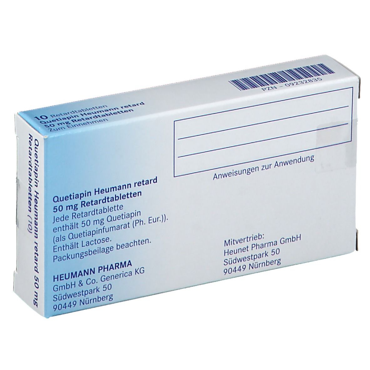 Rückseite der Schachtel "Quetiapin Heumann retard 50 mg". Textinformationen und Herstellerangaben. Weiße Schachtel.